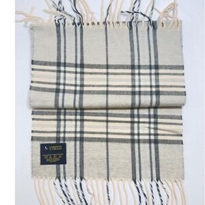 V Fraas Cashmink Plaid Scarf Beige‎ Black White Fringe Made in Germany
